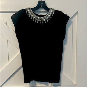 Cinq a Sept Rhinestone Embellished Gem Neckline Black Muscle Tee Small